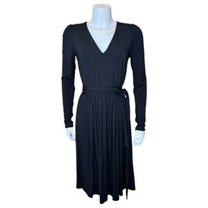 Rebecca Taylor V-neck Modal Dress S Long Sleeve Tie Belt Black